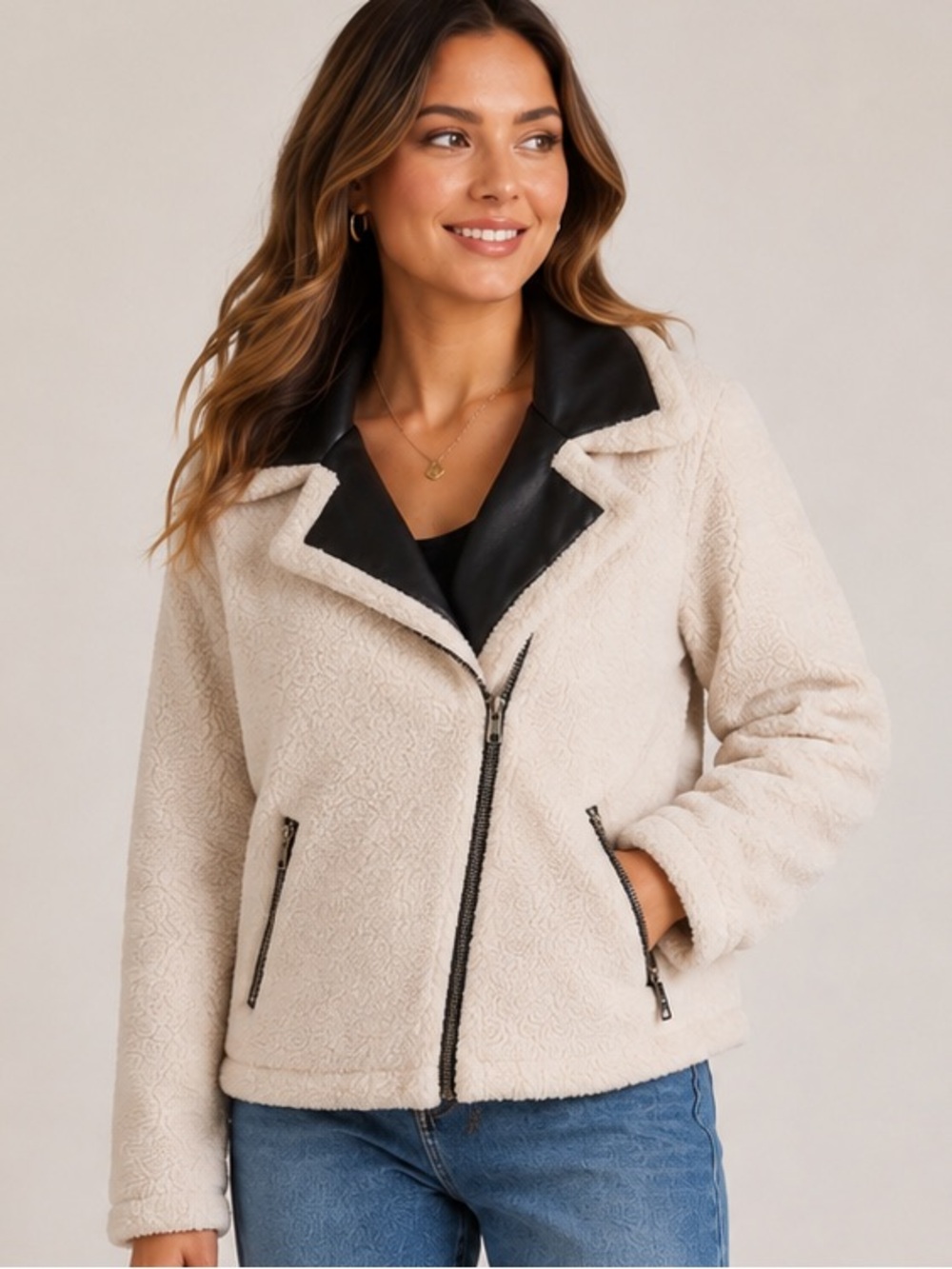 Hem & Thread Ivory Sherpa Moto Jacket Asymmetrical Zip